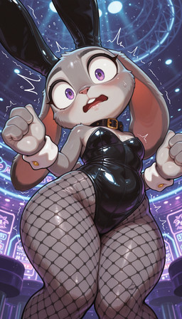 anthro blush breasts choker clothing covered_navel eyelashes fake_ears fake_rabbit_ears female fur grey_body grey_fur highleg inside jewelry legwear leotard long_ears low-angle_view necklace pantyhose purple_eyes solo teeth thick_thighs crody disney zootopia judy_hopps lagomorph leporid mammal rabbit hi_res
