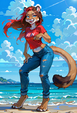 4_toes 5_fingers anthro barefoot beach biped blue_bottomwear blue_clothing blue_eyes blue_pants bottomwear breasts brown_body brown_fur brown_hair claws clothed clothing cloud countershading day denim denim_bottomwear denim_clothing detailed_background digitigrade dipstick_tail eyebrows eyelashes fangs feet female finger_claws fingers fur hair highlights_(coloring) jeans long_hair looking_at_viewer markings midriff multicolored_body multicolored_fur multicolored_hair navel open_mouth open_smile outside pants pawpads paws pink_nose red_clothing red_hair red_shirt red_topwear sand sea seaside shirt sky smile solo standing t-shirt tail tail_markings tan_body tan_fur teeth text text_on_clothing text_on_shirt text_on_topwear toe_claws toes tongue topwear torn_bottomwear torn_clothing torn_jeans torn_pants tuft two_tone_hair water white_body white_fur crashbandit cougar felid feline mammal comfyui_(software) digital_media_(artwork) english_text hi_res illustrioussnafusuper_(model) nai-diffusion-furry-3_(model) prompt_metainfo