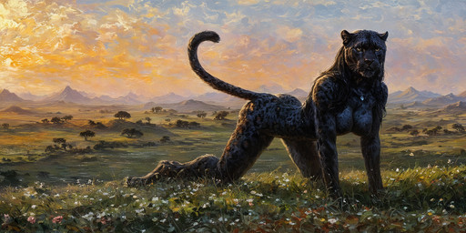 anthro big_breasts black_body black_fur black_hair breasts cloud cloudscape digitigrade female field flower fur hair impressionism kneeling_on_ground landscape long_hair mountain nude pendant plant sky slim_body solo sunset tail tall wide_hips yellow_eyes akhiezer felid khajiit mammal pantherine hi_res oil_painting_(artwork) painting_(artwork) traditional_media_(artwork)
