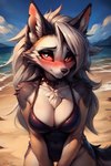 absurd_res anthro beach beach_background black_eyeshadow black_pupils blush breasts canid canid_demon canine cleavage clothed clothing cloud collar demon eyelashes eyeshadow female hellhound hi_res jameswolf long_eyelashes loona_(helluva_boss) makeup mammal medium_breasts one-piece_swimsuit pupils red_sclera sand sea seaside seductive shy solo spiked_collar spikes swimwear water wave white_eyes