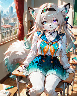 accessory anthro black_body black_fur blue_eyes bottomwear classroom clothing eyelashes female fluffy fluffy_tail fur grey_hair hair hair_accessory hairband light long_hair multicolored_body multicolored_eyes multicolored_fur purple_eyes sailor_uniform school school_desk school_uniform shirt sidelocks sitting skirt smile solo sunlight tail topwear two_tone_body two_tone_eyes two_tone_fur two_tone_tail uniform white_body white_fur window yellow_eyes turkey_(director) honkai:_star_rail firefly_(honkai:_star_rail) canid canine canis mammal wolf absurd_res hi_res