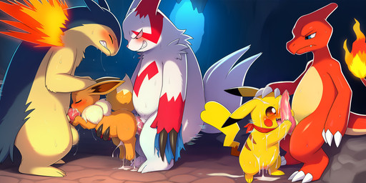 after_sex ascot bodily_fluids cave cavern clenched_teeth cum cum_in_mouth cum_in_pussy cum_inside cum_on_body cum_on_leg double_penetration erection fellatio female feral genital_fluids group group_sex hand_on_head male male/female oral orgasm penetration penile saliva sex size_difference spitroast suspended teeth vaginal stressedout nintendo pokemon charmeleon eevee generation_1_pokemon generation_2_pokemon generation_3_pokemon pikachu pokemon_(species) typhlosion zangoose hi_res