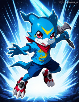 blue_body blue_clothing blue_scales clothing fantasy_sword feral footwear kerchief male melee_weapon neckerchief red_eyes red_kerchief scales shoes solo sword weapon digimon digimon_adventure digimon_(species) veemon hi_res
