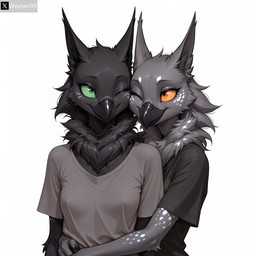 anthro black_body black_fur breasts cheek-to-cheek clothing duo embrace female female/female fur green_eyes grey_body grey_fur hug hugging_from_behind orange_eyes shirt small_breasts spots topwear weytani99 avian velari absurd_res hi_res