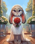 altar anthro blush bodily_fluids bouquet clothing crying dress ears_down female flower flower_bouquet grin happy holding_flower holding_object looking_at_viewer outdoors pivoted_ears plant rose_(flower) smile solo tears tears_of_joy tree wedding wedding_dress zootopia anonymous_director judy_hopps lagomorph leporid mammal rabbit hi_res