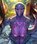 anthro areola big_breasts black_body blush breasts female generation_7_pokemon hi_res looking_at_viewer nipples non-mammal_breasts non-mammal_nipples nude open_mouth pokemon_(species) purple_body purple_eyes salazzle scalie