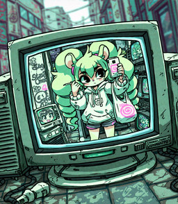 1990s blurred_background bottomwear chibi clothing drill_curls female female/female fluffy frilly future green_hair hair hoodie scrunchie sega selfie shopping_bag shorts solo solo_focus standing topwear user_interface holo_(director) mammal rodent sciurid absurd_res digital_media_(artwork) hi_res pixel_(artwork)