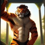 abs anthro clothed clothing felid male mammal muscular muscular_anthro muscular_male nipples outside pantherine solo tesseract_(director) tiger underwear underwear_only