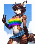 anthro bottomwear bracelet breasts brown_body chain clothed clothing collar female hair heterochromia jewelry looking_at_viewer miniskirt multicolored_clothing multicolored_shirt multicolored_t-shirt multicolored_topwear mythology panties pigtails shirt skirt smile solo stripes t-shirt topwear underwear dvinzet fish marine shark hi_res