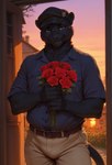 anthro belt black_body black_fur blue_clothing blue_shirt blue_topwear brown_eyes building bulge chimney clothing cloud door doorway dress_shirt flat_cap flower fur garden hat headgear headwear house inner_ear_fluff looking_at_viewer male neck_tuft plant rose_(flower) shirt sky slacks smile solo sunset teeth topwear tuft whiskers ilmpbx indigo_(ilmpbx) felid mammal pantherine absurd_res hi_res