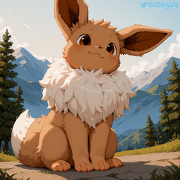 4_toes ambiguous_gender black_nose blush brown_body brown_eyes brown_fur cheek_tuft chest_tuft claws cloud cute_fangs dipstick_tail elbow_tuft facial_tuft feet feral fluffy front_view fur grass head_tuft hip_tuft inner_ear_fluff markings mountains multicolored_body multicolored_fur nature nature_background outside pawpads paws plant sitting sky smile solo tail_markings toes tree tuft two_tone_body two_tone_fur white_body white_fur kaltingale_(director) nintendo pokemon eevee generation_1_pokemon pokemon_(species) hi_res watermark