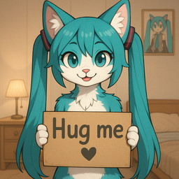 <3 anthro bed blue_body blue_eyes blue_fur female fluffy fur furniture hair holding_object inside lamp long_hair multicolored_body multicolored_fur neck_fluffy smile smiling_at_viewer solo standing text twintails_(hairstyle) two_tone_body two_tone_fur white_body white_fur vocaloid hatsune_miku_(character) domestic_cat felid feline felis mammal english_text