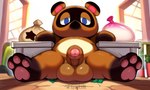 3_toes anthro balls big_balls blue_eyes brown_body condom feet filled_condom foreskin genitals glistening glistening_body looking_at_viewer low-angle_view male money money_bag pawpads penis pink_pawpads sexual_barrier_device sitting slightly_chubby solo text toes sergalbutt animal_crossing nintendo tom_nook_(animal_crossing) canid canine mammal raccoon_dog tanuki signature url