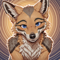 abstract_background anthro black_body black_fur black_nose blue_eyes brown_body brown_fur cheek_tuft chest_tuft facial_tuft front_view fur grey_body grey_fur inner_ear_fluff looking_at_viewer male markings multicolored_body multicolored_fur narrowed_eyes neck_tuft nude shoulder_tuft simple_background smile solo tan_body tan_fur tuft whiskers white_body white_fur beowolf black-backed_jackal canid canine canis coyote jackal mammal bust_portrait digital_media_(artwork) hi_res portrait