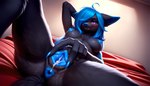 ahoge animal_genitalia animal_pussy anthro anus bed black_body black_fur blue_anus blue_claws blue_ears blue_hair blue_nipples blue_nose blue_pawpads blue_pussy bodily_fluids body_fur breasts claws crotch_tuft cum cum_inside cyanotic_epithelium fangs female fur furniture genital_fluids genitals hair hair_over_one_eye hand_behind_head long_hair low-angle_view lying medium_breasts mouth_closed nipples on_back pawpads pupils purple_eyes pussy pussy_juice red_sheets smug solo spread_legs spread_pussy spreading tail tuft white_pupils cpt_d canid canine canis mammal wolf absurd_res hi_res
