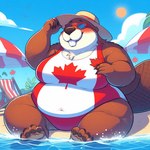 anthro beach beaver belly big_belly big_breasts blackgum breasts brown_body brown_fur buckteeth canadian_flag chair chest_tuft claws clothing cloud eyewear female fur furniture mammal maple_leaf navel one-piece_swimsuit overweight pawpads rodent seaside smile solo sun sun_hat sunglasses swimwear teeth tuft umbrella wide_hips