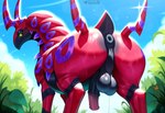 animal_genitalia animal_penis anus balls big_balls blush bodily_fluids butt equine_penis feral genitals green_eyes half-erect male markings medial_ring outside penis puffy_anus purple_markings quadruped rear_view red_body saggy_balls solo sweat sweaty_balls sweaty_body sweaty_butt sweaty_genitalia text sergalbutt nintendo pokemon generation_5_pokemon pokemon_(species) scolipede hi_res signature url