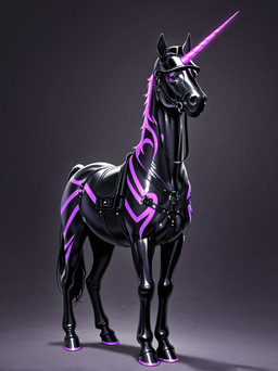 ambiguous_gender black_body bridle clothing feral hat headgear headwear horn horseshoe male markings purple_eyes purple_horn purple_markings saddle slave solo solo_focus ssurgul equid equine mammal unicorn hi_res