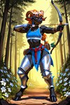accessory aiming anthro armor blue_eyes blue_top bow_(disambiguation) female flower flower_in_hair forest hair hair_accessory muscular muscular_female orange_hair orange_pubic_hair plant ponytail quiver_(object) smug_face solo tree vambraces brita_eng arrow_(disambiguation)