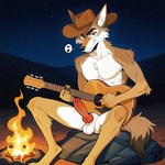 animal_genitalia animal_penis anthro athletic athletic_anthro athletic_male balls bodily_fluids brown_body brown_eyes brown_fur campfire canine_genitalia canine_penis casual_exposure chest_tuft claws clothing countershading cowboy_hat detailed_background dipstick_tail dripping erection facial_tuft finger_claws fingers fire fur genital_fluids genitals guitar hat headgear headwear inner_ear_fluff knee_tuft knot leaking_precum leg_tuft looking_at_viewer male markings mostly_nude multicolored_body multicolored_fur musical_instrument musical_note narrowed_eyes night nude outdoor_nudity outside penis playing_guitar playing_music plucked_string_instrument precum precum_drip presenting presenting_penis rock shoulder_tuft sitting sitting_on_rock sky smile smug solo spread_legs spreading star string_instrument tail tail_markings tan_body tan_fur tuft white_body white_fur anonymous_director canid canine canis coyote mammal hi_res