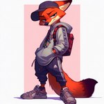 anthro backpack baseball_cap canid canine clothed clothing footwear fox fully_clothed hands_in_both_pockets hat headgear headwear hoodie male mammal necktie nick_wilde red_fox shoes sneakers solo standing sweatpants tail thedarkshadow1990 topwear zootopia