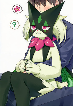 ambiguous_gender anthro blush blush_lines brown_hair claws duo embrace eyeless flat_chested flower fur green_body green_fur green_hair hair hug hugging_from_behind male on_lap pink_eyes plant question_mark simple_background sitting sitting_on_lap sniffing tail aialize nintendo pokemon felid feline generation_9_pokemon human mammal meowscarada pokemon_(species) 2025 hi_res