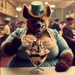 anthro big_breasts blue_clothing breasts brown_body cherry clothed clothing cutlery dairy_products dessert detailed_background dress female food fruit fur group hat headgear headwear ice_cream kitchen_utensils nut_(fruit) open_mouth overweight overweight_female plant realistic solo_focus spoon teeth tools whipped_cream human hyaenid mammal spotted_hyena