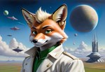 7oxytron anthro canid canine clothed clothing cloud eyebrows fluffy fox fox_mccloud futuristic green_eyes headshot_portrait male mammal plains planet portrait sdxl sky smile solo space spacecraft star star_fox tkyoprko topwear uniform vehicle vest whiskers