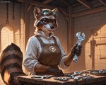 anthro apron clothing eyewear eyewear_on_head female goggles goggles_on_head solo tools workshop wrench ivorymane mammal procyonid raccoon watermark