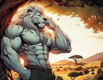 abs acacia_tree anthro backlighting belt biceps big_abs big_biceps big_deltoids big_forearm_muscles big_muscles big_pecs big_triceps biped black_nose black_pupils blue_eyes bottomwear broad_shoulders brown_belt chin_tuft clothed clothed_anthro clothed_male clothing cloud dall-e_3 day deltoids detailed_background facial_tuft fist forearm_muscles fur green_bottomwear green_clothing green_pants grey_nipples hair hand_in_pocket hand_on_cheek hill humanoid_hands leaf leaning leaning_back leaning_on_tree light light_body light_fur light_hair light_mane long_hair looking_at_viewer male mane manly mature_anthro mature_male monotone_body monotone_fur monotone_hair mountain mouth_closes muscular muscular_anthro muscular_arms muscular_male nature nature_background nipples obliques outside pants pecs plant pockets pose pupils round_ears savanna serratus shrub sky snout solo standing sun sunlight three-quarter_view topless topless_anthro topless_male tree triceps tuft whisker_spots whiskers white_body white_ears white_fur white_hair white_mane white_tuft zenithwolf felid lion mammal pantherine 9:7 detailed digital_drawing_(artwork) digital_media_(artwork) hatching_(art) hi_res lighting portrait shaded soft_shading three-quarter_portrait warm_colors