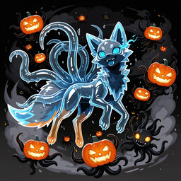 black_sky cloud feral floating food fruit glowing glowing_eyes ice jack-o'-lantern plant pumpkin tentacles icefoxai canid canine fox mammal monster hi_res