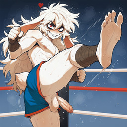 5_fingers 5_toes <3 anthro anus athletic athletic_anthro athletic_male balls barefoot blush bodily_fluids bottomwear buckteeth claws clothed clothing erection feet fighting_ring fingers foot_focus foreskin fur genitals glans hair humanoid_feet humanoid_genitalia humanoid_penis kick long_hair looking_at_viewer male nipples partially_retracted_foreskin penis plantigrade presenting presenting_balls presenting_penis raised_leg red_eyes short_tail shorts smile soles solo sweat sweating_profusely sweaty_body sweaty_feet tail teeth toes topless wardrobe_malfunction white_balls white_body white_fur white_hair white_penis wraps unknown_director jack_the_rabbit_(u.d) lagomorph leporid mammal rabbit hi_res