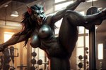 anthro big_breasts black_body black_fur blizzard_entertainment breasts female fight fur genitals green_eyes gym inside kick pussy solo warcraft kauket world_of_warcraft kauket_blackmoore canid canine mammal were werecanid werecanine worgen