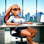 anthro bottomwear breasts camel_toe cleavage clothed clothing covered_nipples female office panties shirt skirt solo tired topwear underwear cowfurmania lagomorph leporid mammal rabbit hi_res