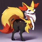 anthro bent_over black_body braixen canid canine chest_tuft digitigrade dipstick_tail director_motherli female fox fur generation_6_pokemon genitals hi_res humanoid inner_ear_fluff mammal markings pokemon_(species) pussy red_body red_eyes red_fur semi-anthro solo tail_markings tuft white_body white_fur wide_hips yellow_body yellow_fur