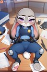 anthro arm_support belt bite biting_lip blush clothing desk ears_down female furniture inside looking_at_viewer on_desk patreon pivoted_ears police_uniform solo spread_legs spreading table topwear uniform vest zootopia tiny_mint judy_hopps lagomorph leporid mammal rabbit hi_res