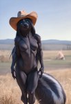 anthro black_body black_fur black_hair clothing cowboy_hat digitigrade female field fur hair hat headgear headwear long_hair looking_at_viewer mountains nude outside smile solo standing tasteful_nudity teal_eyes director_crashbandit mammal mephitid skunk hi_res novelai