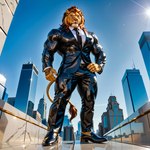 clothed clothing footwear fully_clothed hands male mane muscular muscular_male necktie realistic shoes standing suit tall felid lion mammal pantherine hi_res