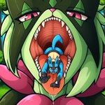 anthro duo fangs male micro mouth_shot open_mouth size_difference swallowing tongue vore thedavid nintendo pokemon generation_4_pokemon generation_9_pokemon lucario meowscarada pokemon_(species) hi_res