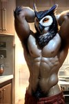 abs absurd_res anthro armpit_hair athletic athletic_male avian beak biceps bigboyblaziken bird bodily_fluids body_hair chest_tuft happy_trail hi_res kitchen light_reflected_on_body looking_at_viewer male muscular muscular_male nipples owl pecs pubes solo sweat sweaty tuft