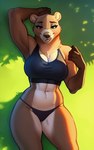 anthro bra brown_body brown_fur clothed clothing female fur hi_res mammal neck_tuft seductive solo sports_bra tuft underwear underwear_only ursid ursine yopfox