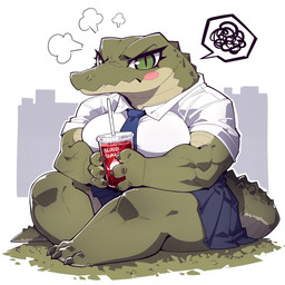 anthro beverage biped breasts clothing female green_eyes holding_beverage holding_object school_uniform sitting solo straw uniform anonymous_director invoke_high alligator alligatorid crocodilian reptile scalie 1:1 hi_res