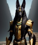 anthro anubian_jackal anubis armor canid canine canis deity egyptian_mythology gold_(metal) gold_jewelry hair hi_res jackal jewelry long_hair male mammal portrait solo water