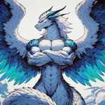 animal_genitalia anthro bedroom_eyes biceps big_biceps big_deltoids big_forearm_muscles big_muscles big_quads big_triceps biped black_pupils blue_body blue_eyes blue_feathers blue_horn blue_scales blue_sclera blue_wings broad_shoulders closed_smile cloud crossed_arms curved_tail dall-e_3 deltoids detailed_background feathered_tail feathered_wings feathers forearm_muscles front_view genital_slit genitals glistening glistening_body glistening_feathers glistening_horn glistening_scales green_body green_feathers green_scales green_wings hair half-closed_eyes head_horn horn iridescent iridescent_feathers iridescent_scales iridescent_wings light light_body long_hair looking_aside looking_at_viewer male mouth_closed multicolored_body multicolored_feathers multicolored_scales multicolored_wings muscular muscular_anthro muscular_arms muscular_male muscular_thighs narrowed_eyes nude nude_anthro nude_male outside pecs pose pupils quads scales seductive sky slit slit_pupils smile smiling_at_viewer smirk smirking_at_viewer snout solo teal_body teal_feathers teal_scales teal_wings thick_neck thick_tail trapezius triceps white_body white_feathers white_hair white_scales white_tail white_wings wings zenithwolf angel celestial_being dragon feathered_dragon mythological_creature mythological_scalie scalie 1:1 cool_colors digital_media_(artwork) hi_res lighting portrait shaded three-quarter_portrait