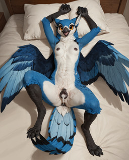 after_sex animal_genitalia animal_pussy anthro anus beak bed biped black_anus black_beak black_nipples black_pussy blue_body blue_feathers bodily_fluids breasts canine_genitalia canine_pussy claws cum cum_from_pussy cum_in_pussy cum_inside cum_on_belly cum_on_body cum_on_chest eyelashes feathered_wings feathers feet female furniture genital_fluids genitals leaking_cum looking_at_viewer lying neck_tuft nipples on_back open_beak open_mouth orange_eyes pillow presenting presenting_pussy pussy realistic realistic_wings small_breasts solo spread_legs spread_wings spreading tail tail_feathers toes tongue tuft white_body white_feathers wings kodapanthera avian bird corvid jay_(bird) oscine passerine absurd_res hi_res ponyrealism_(model)