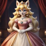 1:1 2023 accessory alternate_species anthro blonde_hair blue_eyes canid canine canis castle clothed clothing dress female fox fully_clothed fur furrfication gloves hair half-length_portrait handwear harmfulpilot hi_res jewelry mammal necklace pink_clothing pink_dress portrait princess_peach smile solo super_mario_bros tan_body tan_fur white_clothing white_gloves white_handwear