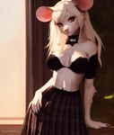 anthro bottomwear bra breasts claws cleavage clothed clothing female fur hair looking_at_viewer mammal midriff mouse murid murine navel pleated_skirt pose rodent seductive skimpy skirt smile solo tahlia_(director) underwear white_body white_fur white_hair