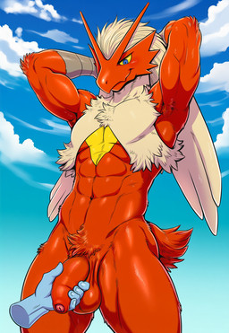 abs ambiguous_gender anthro athletic athletic_male balls blue_eyes blue_sky confident disembodied_hand feathers flaccid foreskin genitals hands_behind_head humanoid_genitalia humanoid_penis interspecies looking_down looking_down_at_another male male/ambiguous multicolored_body multicolored_feathers navel partially_retracted_foreskin penis penis_grab pokephilia red_body red_feathers sky smile solo_focus standing tail_feathers tan_body tan_feathers three-quarter_view yellow_sclera unknown_director nintendo pokemon blaziken generation_3_pokemon human mammal pokemon_(species) edit hi_res portrait three-quarter_portrait