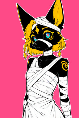 anthro bandage_on_face bandaged_arm bandages black_body black_fur black_sclera blonde_hair breasts clothing collarbone eyeliner female fur hair looking_at_viewer makeup markings mummy_costume pink_background pink_pupils pseudo_hair pupils simple_background small_breasts solo standing white_clothing yellow_markings loren_iipsum canid canine canis domestic_dog mammal hi_res