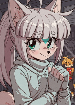 anthro baggy_clothing bangs bottomwear close-up clothing duo female female/female fingerless_gloves fluffy footwear fur gloves green_body green_eyes green_fur grey_hair hair handwear hoodie inside long_hair orange_body orange_fur orange_hair outline ponytail shoes shorts sidelocks sleeveless_shirt sneakers three-quarter_view topwear holo_(director) canid canine canis domestic_dog mammal absurd_res hi_res